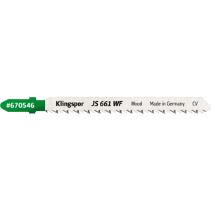 List vbodne žage Klingspor JS 661 WF Supra – krom vanadij - navzkrižno brušen LASTNOSTI: Dimenzije: višina / dolžina / debelina 8 x 100 x 1,45mm – efektivna dolžina: 75mm   – debelina materiala: 3-30mm Colski zob: 10 Vpetje: T-oblika Pakiranje: 5 kosov MATERIALI: Mehki les Konstrukcijski les Prevlečene plošče Kuhinjski pulti Vezan les Multipleks plošče PREDNOSTI: Zelo čisti, ravni in hitri rezi v les in lesne materiale. Čisti rezalni rokobi na vidni strani. Še posebej primeren za prevlečene plošče in kuhinjske pulte.