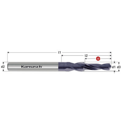 Grezilni sveder Karnasch HSS-XE TITAN-TEC 90° – DIN 1897 – srednja izvedba po DIN 69 – za osnovne izvrtine – omogoče vrtanje osnovnih izvrtin in istočasno grezenje le-teh – po DIN 336. LASTNOSTI: HSS-XE jeklo + TITAN-TEC prevleka Izdelano iz visoko legiranega specialnega HSS-XE jekla, za daljšo življenjsko dobo – v primerjavi z HSS jeklom TITAN-TEC prevleka za dodatno podaljšanje življenjske dobe, tudi pri uporabi z malo ali brez hlajenja PODROČJA UPORABE: Nerjaveča jekla (V2A / V4A) Jekla Litine Barvne in lahke kovine