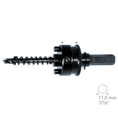 Hitromenjalno vpetje – šestkotno – 11mm za DIA kronske žage (32-152mm) LASTNOSTI: Primerno za kronske žage z diamantnim posipom KARASCH v premerih 32-152mm Šestkotno vpetje 11mm (7/16″) Vpetje s centrirnim svedrom, dolžine 80mm, z izmetno vzmetjo