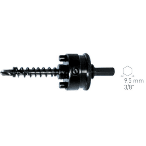 Hitromenjalno vpetje - šestkotno 9,5mm (3/8") - s centrirnim svedrom in izmetno vzmetjo - za Bi-Metall kronske žage premerov 32-210mm. UPORABA: Za Bi-Metall kronske žage KARNASCH - št. izd.: 201500 - v premerih 32 - 210mm Šestkotno vpetje 9,5mm (3/8")