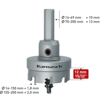 HM Kronska žaga KARNASCH EASY-CUT 5 – globina reza 12mm – z vpetjem, centrirnim svedrom in izmetno vzmetjo. LASTNOSTI: Vpetje: 10-13mm Globina reza: 12mm Širina reza: 1,8-2,0mm Izvedba za gladko delovanje, namenjena za ročne stroje (možna uporaba tudi na stacionarnih strojih) Potreben majhen pritisk Hitro in lahko vrtanje Izvrstna vodljivost in nadzor med vrtanjem Hitro odstranjevanje jedra, s pomočjo izmetne vzmeti - pri vseh premerih (pri maksimalni globini vranja je izmetno vzmet potrebno odstraniti)