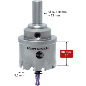 HM Kronska žaga KARNASCH POWER MAX 20 – Heavy Duty – globina reza 30mm - z vpetjem Kronske žage KARNASCH uporabniku ponujajo maksimalno fleksibilnost. S pomočjo Easy-Change hitromenjalnega sistema, ki ga uporablja linija kronskih žag POWER-MAX, je področje uporabe zelo široko. Kronske žage je mogoče uporabljati na ročnih, namiznih, radialnih in kronskih vrtalnih strojih ter stružnicah. Posamezno krono je zaradi Easy-Change vpetja mogoče uporabljati na vseh vrstah vrtalnih strojev. Linija kronskih žag POWER-MAX omogoča obdelavo vseh vrst jekla, konstrukcijskih in nerjavečih jekel. Primerna tudi za uporabo na neželeznih kovinah kot so aluminij, baker in mesing ter plastikah, CFK / GFK in sendvič materialih. HM Kronske žage so na voljo v premerih: 14-150mm, ter globinah 12-65mm.