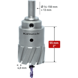 HM Kronska žaga KARNASCH POWER MAX 55 – Super Heavy Duty – globina reza 55mm - z vpetjem Kronske žage KARNASCH uporabniku ponujajo maksimalno fleksibilnost. S pomočjo Easy-Change hitromenjalnega sistema, ki ga uporablja linija kronskih žag POWER-MAX, je področje uporabe zelo široko. Kronske žage je mogoče uporabljati na ročnih, namiznih, radialnih in kronskih vrtalnih strojih ter stružnicah. Posamezno krono je zaradi Easy-Change vpetja mogoče uporabljati na vseh vrstah vrtalnih strojev. Linija kronskih žag POWER-MAX omogoča obdelavo vseh vrst jekla, konstrukcijskih in nerjavečih jekel. Primerna tudi za uporabo na neželeznih kovinah kot so aluminij, baker in mesing ter plastikah, CFK / GFK in sendvič materialih. HM Kronske žage so na voljo v premerih: 14-150mm, ter globinah 12-65mm.