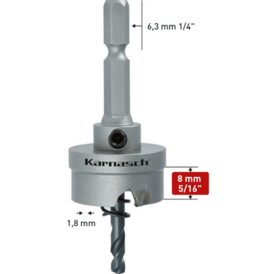 HM Kronska žaga KARNASCH EXTRA EASY-CUT 3 – globina reza 8mm – z vpetjem LASTNOSTI: Krona s trdokovinskim ozobljenjem, namenjena predvsem uporabi na baterijskih vrtalnikih in omogoče zelo mirno rezanje. Tankost rezila, 1,8mm in 3 trdokovinski zobci omogočajo: Zelo nizke pritiske in tako daljšo življenjsko dobo baterije vrtalnika Hitro in lahkotno rezanje v vseh premerih, tudi z omejeno zmogljivostjo baterij