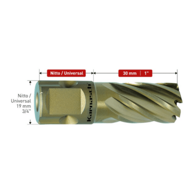 Kronski sveder KARNASCH GOLD-LINE30, NITTO/UNI vpetje – globina reza: 30mm Št. Artikla: 201610_P LASTNOSTI: Kronski sveder izdelan iz visoko kakovostnega HSS-XE, z GOLD-TEC površinsko obdelavo Kronski svedri linije GOLD-LINE so najpogosteje uporabljani kronski svedri, brez prevleke. Izdelani iz visokolegiranega jekla HSS-XE, ki zagotavlja izjemno trdnost konic rezil – do 68 HRC. Visoka trdnost zagotavlja majhno obrabo in dolgo življenjsko dobo.