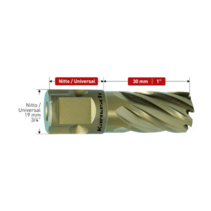 HSS-XE kronski sveder KARNASCH GOLD-LINE30, SANDWICH - NITTO/UNI vpetje, globina reza: 30mm LASTNOSTI: Kronski sveder izdelan iz visoko kakovostnega HSS-XE, z GOLD-TEC površinsko obdelavo. Kronski svedri linije GOLD-LINE so najpogosteje uporabljani kronski svedri, brez prevleke. Izdelani iz visokolegiranega jekla HSS-XE, ki zahotavlja izjemno trdnost konic rezil – do 68 HRC. Visoka trdnost zagotavlja majhno obrabo in dolgo življenjsko dobo. Obstojnost svedra dodatno zvišuje še GOLD-TEC površinska obdelava.