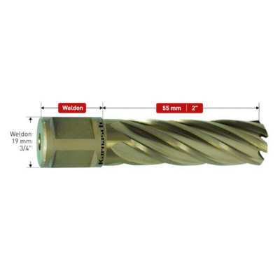 Kronski sveder KARNASCH GOLD-LINE55, WELDON vpetje – globina reza: 55mm LASTNOSTI: Kronski sveder izdelan iz visoko kakovostnega HSS-XE, z GOLD-TEC površinsko obdelavo Kronski svedri linije GOLD-LINE so najpogosteje uporabljani kronski svedri, brez prevleke. Izdelani iz visokolegiranega jekla HSS-XE, ki zahotavlja izjemno trdnost konic rezil – do 68 HRC. Visoka trdnost zagotavlja majhno obrabo in dolgo življenjsko dobo. Obstojnost svedra dodatno zvišuje še GOLD-TECH površinska obdelava. Celotni svedri so brušeni iz polnega materiala. Fino brušenje povečuje rezne lastnosti in istočasno zmanjšuje trenje. Podjetje KARNASCH sodi med redke proizvajlce kronskih svedrov, ki standardno izdeluje stopenjsko kaljene svedre. Z omenjenim postopkom dosegajo visoke stopnje trdote rezil (do 68 HRC), sveder pa ohrani prožnost. Sedem različnih geometrij rezila, optimiranih glede na premer in globino reza, omogoča vrhunske rezne lastnosti. Sorodni izdelek: št.art.: 201925, s pripadajočim adapterjem št.art.: 201314 + izmetna igla št.art.: 201436 PODROČJA UPORABE: V celoti brušen kronski sveder iz visoko legiranega jekla, z GOLD-TEC površinsko obdelavo, je idealen za vrtanje v jakla do 900N in tudi nerjaveča jekla. Za večje premere glej - št.art.: 201316