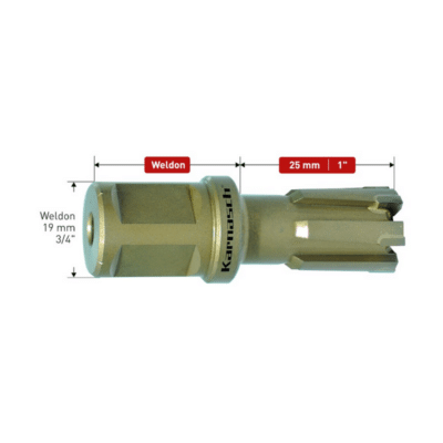 Kronski sveder KARNASCH HARDOX-LINE25 – RAIL, s trdokovinskim ozobljenjem, WELDON vpetje – globina reza: 25mm Sveder s trdokovinskim ozobljenjem in optimirano geometrijo rezila, za izvrstne vrtalne lastnosti. LASTNOSTI: Kronski svedri Karnasch HARDOX-LINE so izdelani s koničasto spiralo, ki omogoča nemoteno odvajanje opilkov in maksimalno rezalno sposobnost. Svedri HARDOX-LINE, z optimiranim trdokovinskim ozobljenjem, so namenjeni vrtanju v najzahtevnejše materiale, ko so HARDOX, trda jekla in jekla za tirnice (npr.: UIC 60).