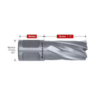 Kronski sveder KARNASCH HSS-XE, SILVER-DRILL LINE RAIL30, WELDON vpetje – globina reza: 30mm Svedri linije SILVER-DRILL LINE RAIL so namenjeni vrtanju v vse vrste tirnic. Št. Artikla: 201460_P LASTNOSTI: Izdelani iz visoko legiranega, specialnega HSS-XE jekla. Izjemna trdnost ozobljenja – do 68 HRC – za visoko odpornost na obrabo in dolgo življenjsko dobo. Podjetje KARNASCH sodi med redke proizvajalce kronskih svedrov, ki standardno izdeluje stopenjsko kaljene svedre. Z omenjenim postopkom dosegajo visoke stopnje trdote rezil (do 68 HRC), sveder pa ohrani prožnost. Sedem različnih geometrij rezila, optimiranih glede na premer in globino reza, omogoča vrhunske rezne lastnosti.