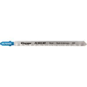 List vbodne žage Klingspor JS 993 MT Special – Bi-Metal - rezkan, valovit LASTNOSTI: Dimenzije: višina / dolžina / širina 8 x 132 x 1,00mm – efektivna dolžina: 110mm   – debelina materiala: 1,2-6mm Colski zob: 16/25 Vpetje: T-oblika Pakiranje: 5 kosov MATERIALI: Aluminij Ojačana plastika Jeklo Nerjaveče jeklo Neželezne kovine PREDNOSTI: Univerzalno rezilo z variabilnim ozobljenjem, za obdelavo kovin in plastike - Za rezanje cevi, profilov, tankih in srednje debelih pločevin. Zelo primeren tudi za plastiko in sendvič materiale. Zelo dolgo rezilo za večje prereze obdelovancev. Dolga življenjska doba zaradi bimetalne sestave.