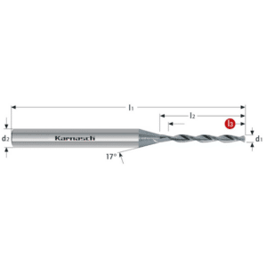 Mini VHM sveder KARNASCH - visokozmogljiv sveder - polirana izvedba - za obdelavo aluminija, medenine, bakra, zlata in plastik. LASTNOSTI: Material: VHM Prevleka: Polirana izvedba Kot konice: 130° Nagib spirale: 30° Število rezil: 2 Vpetje: HA Notranje hlajenje: NE Normativ: KARNASCH NORM Tip: W Toleranca: d1=H7; d2=H6 Način odrezovanja: HSC ARTIKEL: 220360_P