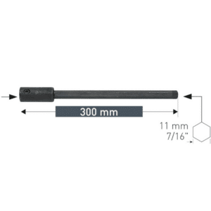 Podaljšek šestkotnega vpetja 9,5mm (3/8") - dolžine 300mm, primeren za vpetja: DIA kronskih žag 210026 in 210027 ALLROUND ECO s trdokovinskim ozobljenjem 201167 in 201166 Za vpetja Bi-Metall koronskih žag 201507, 201503 in 201169