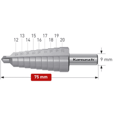 Stopničasti sveder HSS-XE KARNASCH (12 – 20mm) – 2 rezili Profesionalni stopničasti sveder izdelan iz HSS-XE jekla, navzkrižno brušen, z ravnim utorom. Stopničasti svedri KARNASCH omogočajo vrtanje perfektnih izvrtin z razigljenimi robovi v pločevine do debeline 4mm. Prehod med stopnjami omogoča istočasno grezenje predhodne izvrtine. Sveder je vsestransko uporaben in uporabniku omogoča vrtanje lukenj 9 različnih premerov med 12 – 20mm, rezilo pa je mogoče ponovno brusiti.