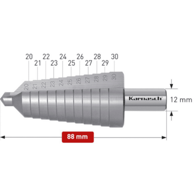 Stopničasti sveder HSS-XE KARNASCH (20 – 30mm) – 2 rezili Profesionalni stopničasti sveder izdelan iz HSS-XE jekla, navzkrižno brušen, z ravnim utorom. Stopničasti svedri KARNASCH omogočajo vrtanje perfektnih izvrtin z razigljenimi robovi v pločevine do debeline 4mm. Prehod med stopnjami omogoča istočasno grezenje predhodne izvrtine. Sveder je vsestransko uporaben in uporabniku omogoča vrtanje lukenj 11 različnih premerov med 20 – 30mm, rezilo pa je mogoče ponovno brusiti. LASTNOSTI: Vpetje: 12mm Višina stopnje: 4mm Izdelan iz visoko legiranega specialnega HSS-XE jekla, trdote do 68 HRC, za daljšo življenjsko dobo – v primerjavi z HSS jeklom