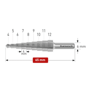 Stopničasti sveder HSS-XE KARNASCH (4 – 12mm) – 2 rezili LASTNOSTI: Vpetje: 6mm Višina stopnje: 4mm Izdelan iz visoko legiranega specialnega HSS-XE jekla, za daljšo življenjsko dobo – v primerjavi z HSS jeklom