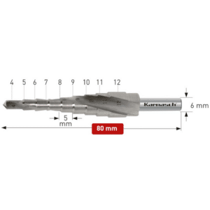 Stopničasti sveder HSS-XE KARNASCH (4 – 12mm) – 2 rezili Profesionalni stopničasti sveder izdelan iz HSS-XE jekla, navzkrižno brušen, s spiralnim utorom. Stopničasti svedri KARNASCH omogočajo vrtanje perfektnih izvrtin z razigljenimi robovi v pločevine do debeline 5mm. Prehod med stopnjami omogoča istočasno grezenje predhodne izvrtine. Sveder je vsestransko uporaben in uporabniku omogoča vrtanje lukenj 9 različnih premerov med 4 – 12mm, rezilo pa je mogoče ponovno brusiti.