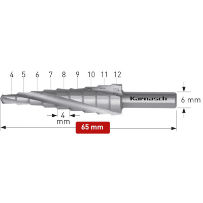 Stopničasti sveder KARNASCH HSS-XE (4 – 12mm) – 3 rezila Profesionalni stopničasti sveder izdelan iz HSS-XE jekla, navzkrižno brušen, s spiralnim utorom. Stopničasti svedri KARNASCH omogočajo vrtanje perfektnih izvrtin z razigljenimi robovi v pločevine do debeline 4mm. Prehod med stopnjami omogoča istočasno grezenje predhodne izvrtine. Sveder je vsestransko uporaben in uporabniku omogoča vrtanje lukenj 9 različnih premerov med 4 – 12mm, rezilo pa je mogoče ponovno brusiti.