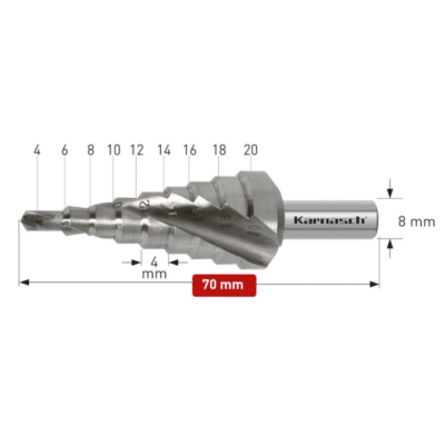 Stopničasti sveder HSS-XE KARNASCH (4 – 20mm) – 2 rezili Profesionalni stopničasti sveder izdelan iz HSS-XE jekla, navzkrižno brušen, s spiralnim utorom. Stopničasti svedri KARNASCH omogočajo vrtanje perfektnih izvrtin z razigljenimi robovi v pločevine do debeline 4mm. Prehod med stopnjami omogoča istočasno grezenje predhodne izvrtine. Sveder je vsestransko uporaben in uporabniku omogoča vrtanje lukenj 9 različnih premerov med 4 - 20mm, rezilo pa je mogoče ponovno brusiti.