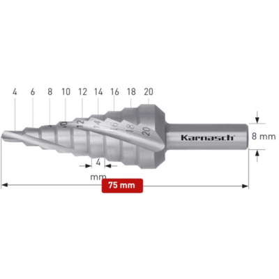 Stopničasti sveder KARNASCH HSS-XE (4 – 20mm) – 3 rezila Profesionalni stopničasti sveder izdelan iz HSS-XE jekla, navzkrižno brušen, s spiralnim utorom. Stopničasti svedri KARNASCH omogočajo vrtanje perfektnih izvrtin z razigljenimi robovi v pločevine do debeline 4mm. Prehod med stopnjami omogoča istočasno grezenje predhodne izvrtine. Sveder je vsestransko uporaben in uporabniku omogoča vrtanje lukenj 9 različnih premerov med 4 – 20mm, rezilo pa je mogoče ponovno brusiti.