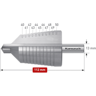 Stopničasti sveder HSS-XE KARNASCH (40 – 50mm) – 2 rezili Profesionalni stopničasti sveder izdelan iz HSS-XE jekla, navzkrižno brušen, z ravnim utorom. Stopničasti svedri KARNASCH omogočajo vrtanje perfektnih izvrtin z razigljenimi robovi v pločevine do debeline 4mm. Prehod med stopnjami omogoča istočasno grezenje predhodne izvrtine. Sveder je vsestransko uporaben in uporabniku omogoča vrtanje lukenj 11 različnih premerov med 40 – 50mm, rezilo pa je mogoče ponovno brusiti.