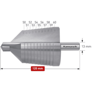 Stopničasti sveder HSS-XE KARNASCH (50 – 60mm) – 2 rezili Profesionalni stopničasti sveder izdelan iz HSS-XE jekla, navzkrižno brušen, z ravnim utorom. Stopničasti svedri KARNASCH omogočajo vrtanje perfektnih izvrtin z razigljenimi robovi v pločevine do debeline 4mm. Prehod med stopnjami omogoča istočasno grezenje predhodne izvrtine. Sveder je vsestransko uporaben in uporabniku omogoča vrtanje lukenj 11 različnih premerov med 50 – 60mm, rezilo pa je mogoče ponovno brusiti.