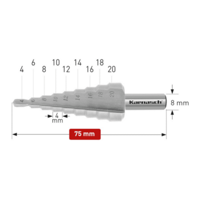 Stopničasti sveder HSS-XE KARNASCH (6 – 20mm) – 2 rezili LASTNOSTI: Vpetje: 8mm Višina stopnje: 4mm Izdelan iz visoko legiranega specialnega HSS-XE jekla, za daljšo življenjsko dobo – v primerjavi z HSS jeklom