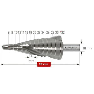 Stopničasti sveder HSS-XE KARNASCH (6 - 30mm) - 2 rezili Profesionalni stopničasti sveder izdelan iz HSS-XE jekla, navzkrižno brušen, s spiralnim utorom. Stopničasti svedri KARNASCH omogočajo vrtanje perfektnih izvrtin z razigljenimi robovi v pločevine do debeline 4mm. Prehod med stopnjami omogoča istočasno grezenje predhodne izvrtine. Sveder je vsestransko uporaben in uporabniku omogoča vrtanje lukenj 13-in premerov med 6 -30mm, rezilo pa je mogoče ponovno brusiti.
