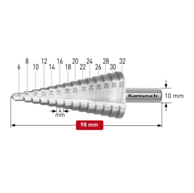 Stopničasti sveder HSS-XE KARNASCH (6 - 32mm) - 2 rezili LASTNOSTI: Vpetje: 10mm Višina stopnje: 4mm Izdelan iz visoko legiranega specialnega HSS-XE jekla, za daljšo življenjsko dobo – v primerjavi z HSS jeklom