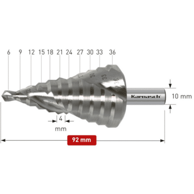 Stopničasti sveder HSS-XE KARNASCH (6 – 36mm) – 2 rezili Profesionalni stopničasti sveder izdelan iz HSS-XE jekla, navzkrižno brušen, s spiralnim utorom. Stopničasti svedri KARNASCH omogočajo vrtanje perfektnih izvrtin z razigljenimi robovi v pločevine do debeline 4mm. Prehod med stopnjami omogoča istočasno grezenje predhodne izvrtine. Sveder je vsestransko uporaben in uporabniku omogoča vrtanje lukenj 11 različnih premerov med 6 -36mm, rezilo pa je mogoče ponovno brusiti.