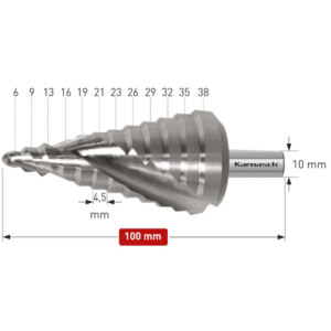 Stopničasti sveder HSS-XE KARNASCH (6 – 38mm) – 2 rezili Profesionalni stopničasti sveder izdelan iz HSS-XE jekla, navzkrižno brušen, s spiralnim utorom. Stopničasti svedri KARNASCH omogočajo vrtanje perfektnih izvrtin z razigljenimi robovi v pločevine do debeline 4,5mm. Prehod med stopnjami omogoča istočasno grezenje predhodne izvrtine. Sveder je vsestransko uporaben in uporabniku omogoča vrtanje lukenj 12 različnih premerov med 6 – 38mm, rezilo pa je mogoče ponovno brusiti.