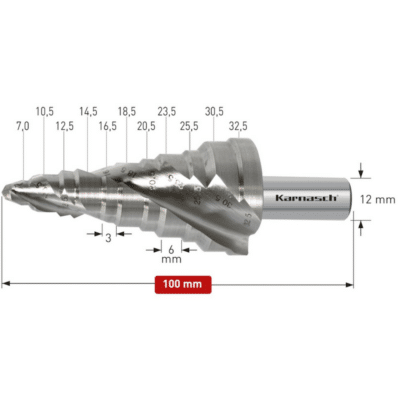 Stopničasti sveder HSS-XE KARNASCH (7 – 32,5mm) – 2 rezili Profesionalni stopničasti sveder izdelan iz HSS-XE jekla, navzkrižno brušen, s spiralnim utorom, za izvrtine na področju elektroinštalacij Stopničasti svedri KARNASCH omogočajo vrtanje perfektnih izvrtin z razigljenimi robovi v pločevine. Prehod med stopnjami omogoča istočasno grezenje predhodne izvrtine. Sveder je vsestransko uporaben in uporabniku omogoča vrtanje lukenj 11 različnih premerov med 7 – 32,5mm, rezilo pa je mogoče ponovno brusiti.