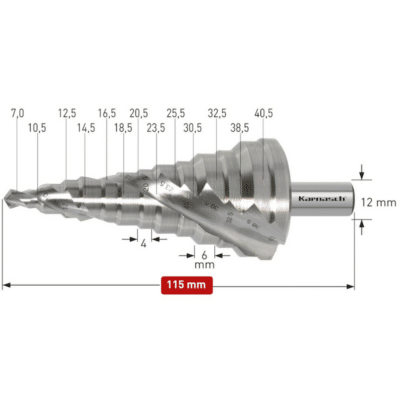 Stopničasti sveder HSS-XE KARNASCH (7 – 40,5mm) – 2 rezili Profesionalni stopničasti sveder izdelan iz HSS-XE jekla, navzkrižno brušen, s spiralnim utorom, za izvrtine na področju elektroinštalacij Stopničasti svedri KARNASCH omogočajo vrtanje perfektnih izvrtin z razigljenimi robovi v pločevine do debeline 4mm. Prehod med stopnjami omogoča istočasno grezenje predhodne izvrtine. Sveder je vsestransko uporaben in uporabniku omogoča vrtanje lukenj 13 različnih premerov med 7 – 40,5mm, rezilo pa je mogoče ponovno brusiti.