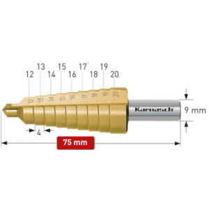 Stopničasti sveder HSS-XE TIN-GOLD KARNASCH (30 – 40mm) – 2 rezili Profesionalni stopničasti sveder izdelan iz HSS-XE jekla, s TIN-GOLD prevleko, navzkrižno brušen, z ravnim utorom. Stopničasti svedri KARNASCH omogočajo vrtanje perfektnih izvrtin z razigljenimi robovi v pločevine do debeline 4mm. Prehod med stopnjami omogoča istočasno grezenje predhodne izvrtine. Sveder je vsestransko uporaben in uporabniku omogoča vrtanje lukenj 9 različnih premerov med 12 – 20mm, rezilo pa je mogoče ponovno brusiti.