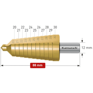 Stopničasti sveder HSS-XE TIN-GOLD KARNASCH (20 – 30mm) – 2 rezili Profesionalni stopničasti sveder izdelan iz HSS-XE jekla, s TIN-GOLD prevleko, navzkrižno brušen, z ravnim utorom. Stopničasti svedri KARNASCH omogočajo vrtanje perfektnih izvrtin z razigljenimi robovi v pločevine do debeline 4mm. Prehod med stopnjami omogoča istočasno grezenje predhodne izvrtine. Sveder je vsestransko uporaben in uporabniku omogoča vrtanje lukenj 11 različnih premerov med 20 – 30mm, rezilo pa je mogoče ponovno brusiti.