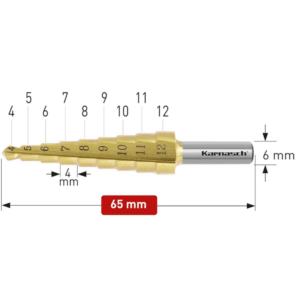 Stopničasti sveder HSS-XE TIN-GOLD KARNASCH (4 – 12mm) – 2 rezili LASTNOSTI: Vpetje: 6mm Višina stopnje: 4mm Izdelan iz visoko legiranega specialnega HSS-XE jekla – v primerjavi z HSS jeklom, s TIN-GOLD prevleko za daljšo življenjsko dobo, pri uporabi z malo oz. brez hladilnih sredstev