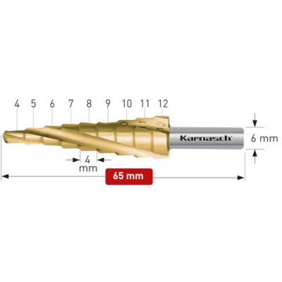 Stopničasti sveder KARNASCH HSS-XE TIN-GOLD (4 – 12mm) – 3 rezila Profesionalni stopničasti sveder izdelan iz HSS-XE jekla, s TIN-GOLD prevleko, navzkrižno brušen, s spiralnim utorom. Stopničasti svedri KARNASCH omogočajo vrtanje perfektnih izvrtin z razigljenimi robovi v pločevine do debeline 4mm. Prehod med stopnjami omogoča istočasno grezenje predhodne izvrtine. Sveder je vsestransko uporaben in uporabniku omogoča vrtanje lukenj 9 različnih premerov med 4 – 12mm, rezilo pa je mogoče ponovno brusiti.