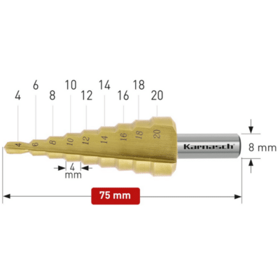 Stopničasti sveder HSS-XE TIN-GOLD KARNASCH (4 – 20mm) – 2 rezili LASTNOSTI: Vpetje: 8mm Višina stopnje: 4mm Izdelan iz visoko legiranega specialnega HSS-XE jekla – v primerjavi z HSS jeklom, s TIN-GOLD prevleko za daljšo življenjsko dobo, pri uporabi z malo oz. brez hladilnih sredstev