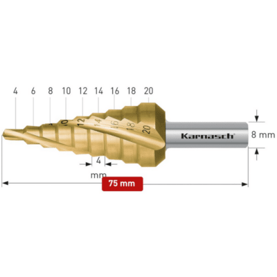 Stopničasti sveder KARNASCH HSS-XE TIN-GOLD (4 – 20mm) – 3 rezila Profesionalni stopničasti sveder izdelan iz HSS-XE jekla, s TIN-GOLD prevleko, navzkrižno brušen, s spiralnim utorom. Stopničasti svedri KARNASCH omogočajo vrtanje perfektnih izvrtin z razigljenimi robovi v pločevine do debeline 4mm. Prehod med stopnjami omogoča istočasno grezenje predhodne izvrtine. Sveder je vsestransko uporaben in uporabniku omogoča vrtanje lukenj 9 različnih premerov med 4 – 20mm, rezilo pa je mogoče ponovno brusiti.