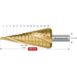 Stopničasti sveder KARNASCH HSS-XE TIN-GOLD (4 – 30mm) – 3 rezila Profesionalni stopničasti sveder izdelan iz HSS-XE jekla, s TIN-GOLD prevleko, navzkrižno brušen, s spiralnim utorom. Stopničasti svedri KARNASCH omogočajo vrtanje perfektnih izvrtin z razigljenimi robovi v pločevine do debeline 4mm. Prehod med stopnjami omogoča istočasno grezenje predhodne izvrtine. Sveder je vsestransko uporaben in uporabniku omogoča vrtanje lukenj 13 različnih premerov med 4 – 30mm, rezilo pa je mogoče ponovno brusiti.