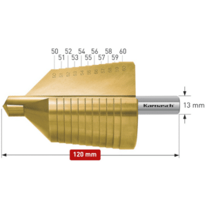 Stopničasti sveder HSS-XE TIN-GOLD KARNASCH (50 – 60mm) – 2 rezili Profesionalni stopničasti sveder izdelan iz HSS-XE jekla, s TIN-GOLD prevleko, navzkrižno brušen, z ravnim utorom. Stopničasti svedri KARNASCH omogočajo vrtanje perfektnih izvrtin z razigljenimi robovi v pločevine do debeline 4mm. Prehod med stopnjami omogoča istočasno grezenje predhodne izvrtine. Sveder je vsestransko uporaben in uporabniku omogoča vrtanje lukenj 11 različnih premerov med 50 – 60mm, rezilo pa je mogoče ponovno brusiti.