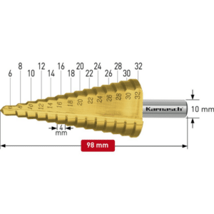 Stopničasti sveder HSS-XE TIN-GOLD KARNASCH (6 – 32mm) – 2 rezili LASTNOSTI: Vpetje: 10mm Višina stopnje: 4mm Izdelan iz visoko legiranega specialnega HSS-XE jekla – v primerjavi z HSS jeklom, s TIN-GOLD prevleko za daljšo življenjsko dobo, pri uporabi z malo oz. brez hladilnih sredstev