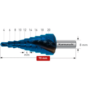 Stopničasti sveder Karnasch HSS-XE + BLUE-DUR z navzkrižno brušeno konico – (CBN brušen), z dvema reziloma in spiralnim ožlebljenjem je izdelan iz visokolegiranega specialnega “XE” jekla, ki ima bistveno daljšo življenjsko dobo kot običajna HSS jekla. Življenjsko dobo svedra pa dodatno podaljša še BLUE-DUR prevleka, ki zagotavlja ostrino tudi pri uporabi z malo ali brez hladilnih mazalnih sredstev.