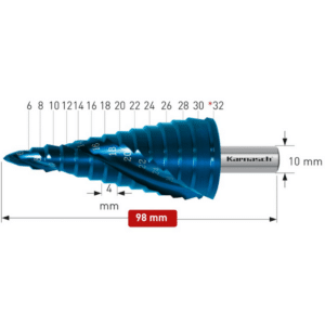 Stopničasti sveder Karnasch HSS-XE + BLUE-DUR z navzkrižno brušeno konico – (CBN brušen), z dvema reziloma in spiralnim ožlebljenjem je izdelan iz visokolegiranega specialnega “XE” jekla, ki ima bistveno daljšo življenjsko dobo kot običajna HSS jekla. Življenjsko dobo svedra pa dodatno podaljša še BLUE-DUR prevleka, ki zagotavlja ostrino tudi pri uporabi z malo ali brez hladilnih mazalnih sredstev.