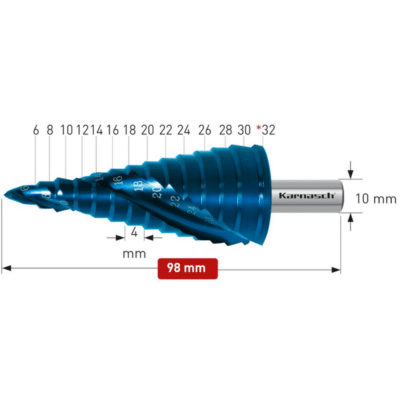 Stopničasti sveder Karnasch HSS-XE + BLUE-DUR z navzkrižno brušeno konico – (CBN brušen), z dvema reziloma in spiralnim ožlebljenjem je izdelan iz visokolegiranega specialnega “XE” jekla, ki ima bistveno daljšo življenjsko dobo kot običajna HSS jekla. Življenjsko dobo svedra pa dodatno podaljša še BLUE-DUR prevleka, ki zagotavlja ostrino tudi pri uporabi z malo ali brez hladilnih mazalnih sredstev.