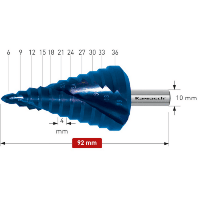 Stopničasti sveder Karnasch HSS-XE + BLUE-DUR z navzkrižno brušeno konico – (CBN brušen), z dvema reziloma in spiralnim ožlebljenjem je izdelan iz visokolegiranega specialnega “XE” jekla, ki ima bistveno daljšo življenjsko dobo kot običajna HSS jekla. Življenjsko dobo svedra pa dodatno podaljša še BLUE-DUR prevleka, ki zagotavlja ostrino tudi pri uporabi z malo ali brez hladilnih mazalnih sredstev.