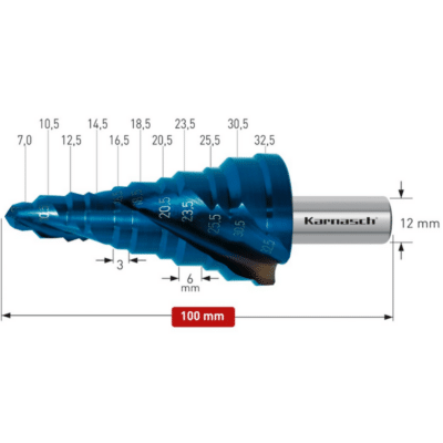 Stopničasti sveder  Karnasch HSS-XE + BLUE-DUR z navzkrižno brušeno konico – (CBN brušen), z dvema reziloma in spiralnim ožlebljenjem je izdelan iz visokolegiranega specialnega “XE” jekla, ki ima bistveno daljšo življenjsko dobo kot običajna HSS jekla. Življenjsko dobo svedra pa dodatno podaljša še BLUE-DUR prevleka, ki zagotavlja ostrino tudi pri uporabi z malo ali brez hladilnih mazalnih sredstev.