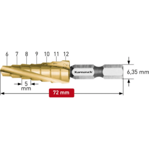 Stopničasti sveder KARNASCH HSS-XE TIN-GOLD – šestkotno vpetje (6 – 12mm) – 2 rezili LASTNOSTI: Vpetje: šestkotno – 6,35mm Višina stopnje: 5mm Izdelan iz visoko legiranega specialnega HSS-XE jekla, s TIN-GOLD prevleko za podaljšano življenjsko dobo tudi pri uporabi z malo ali brez hladilnih sredstev