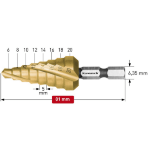 Stopničasti sveder KARNASCH HSS-XE TIN-GOLD - šestkotno vpetje (6 - 20mm) - 2 rezili LASTNOSTI: Vpetje: šestkotno - 6,35mm Višina stopnje: 5mm Izdelan iz visoko legiranega specialnega HSS-XE jekla, s TIN-GOLD prevleko za podaljšano življenjsko dobo tudi pri uporabi z malo ali brez hladilnih sredstev