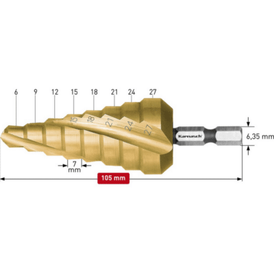 Stopničasti sveder KARNASCH HSS-XE TIN-GOLD – šestkotno vpetje (6 – 27mm) – 2 rezili LASTNOSTI: Vpetje: šestkotno – 6,35mm Višina stopnje: 7mm Izdelan iz visoko legiranega specialnega HSS-XE jekla, s TIN-GOLD prevleko za podaljšano življenjsko dobo tudi pri uporabi z malo ali brez hladilnih sredstev