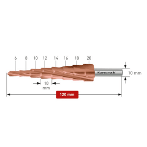 Stopničasti sveder Karnasch POWERCUT 10 PRO, HSS-XE + TITAN-TEC, s štirimi rezili in spiralnim ožlebljenjem je izdelan iz visokolegiranega specialnega “XE” jekla, ki ima bistveno daljšo življenjsko dobo kot običajna HSS jekla. Življenjsko dobo svedra pa dodatno podaljša še TITAN-TEC prevleka, ki zagotavlja ostrino tudi pri uporabi z malo ali brez hladilnih mazalnih sredstev. Priporočena uporaba rezalnega olja, razpiršila ali voska.